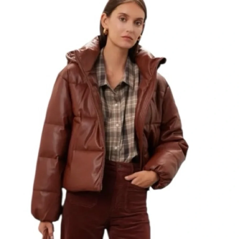 OOF Faux Leather Puffer Jacket Coat with Hood Brown Size IT 42 / US 6